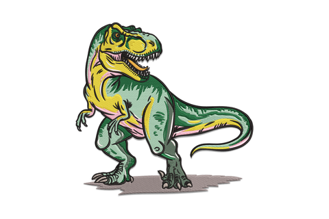 Realistic Jurassic style T-rex embroidery design mid-roar with sage green back, mustard belly, sharp teeth and grey ground shadow under feet