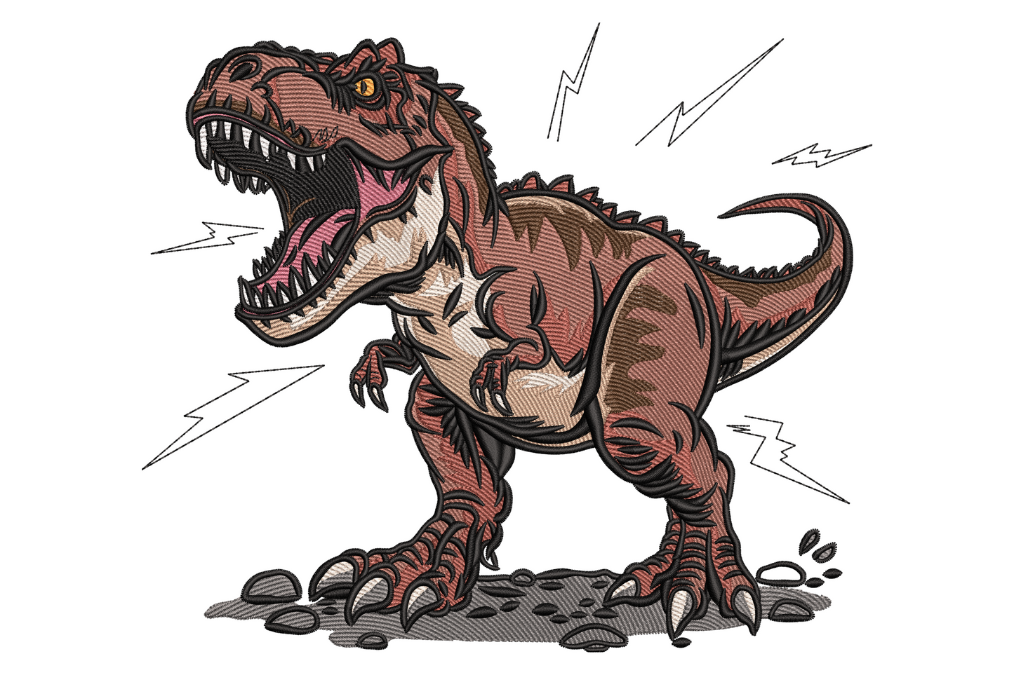 Machine embroidery design of a roaring T-Rex dinosaur on rocky ground with black lightning accents in ten colours