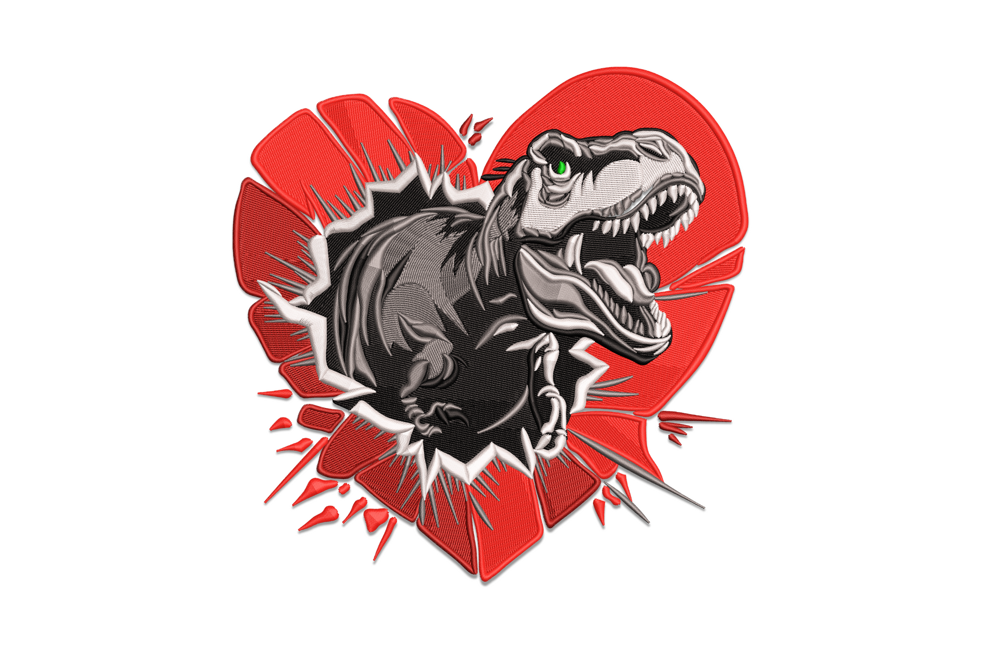 T-Rex dinosaur bursting through a cracked heart embroidery design, 9 colours cartoon style, kids pattern 5 sizes