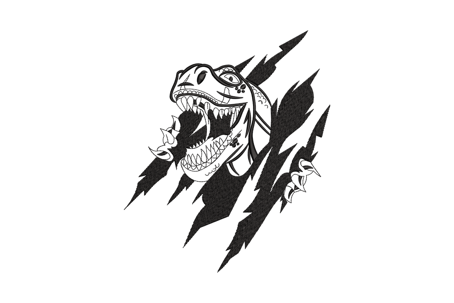 Black embroidery of a t-rex head pushing through 3 claw marks, jaws open showing teeth, claw tips on each side