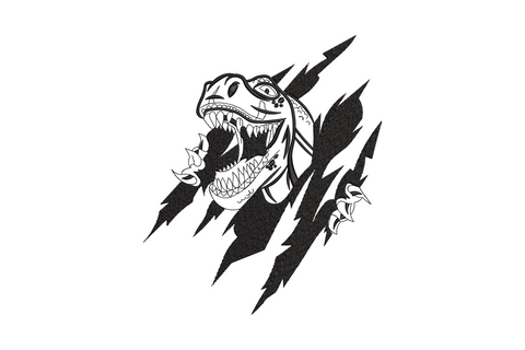 Black embroidery of a t-rex head pushing through 3 claw marks, jaws open showing teeth, claw tips on each side