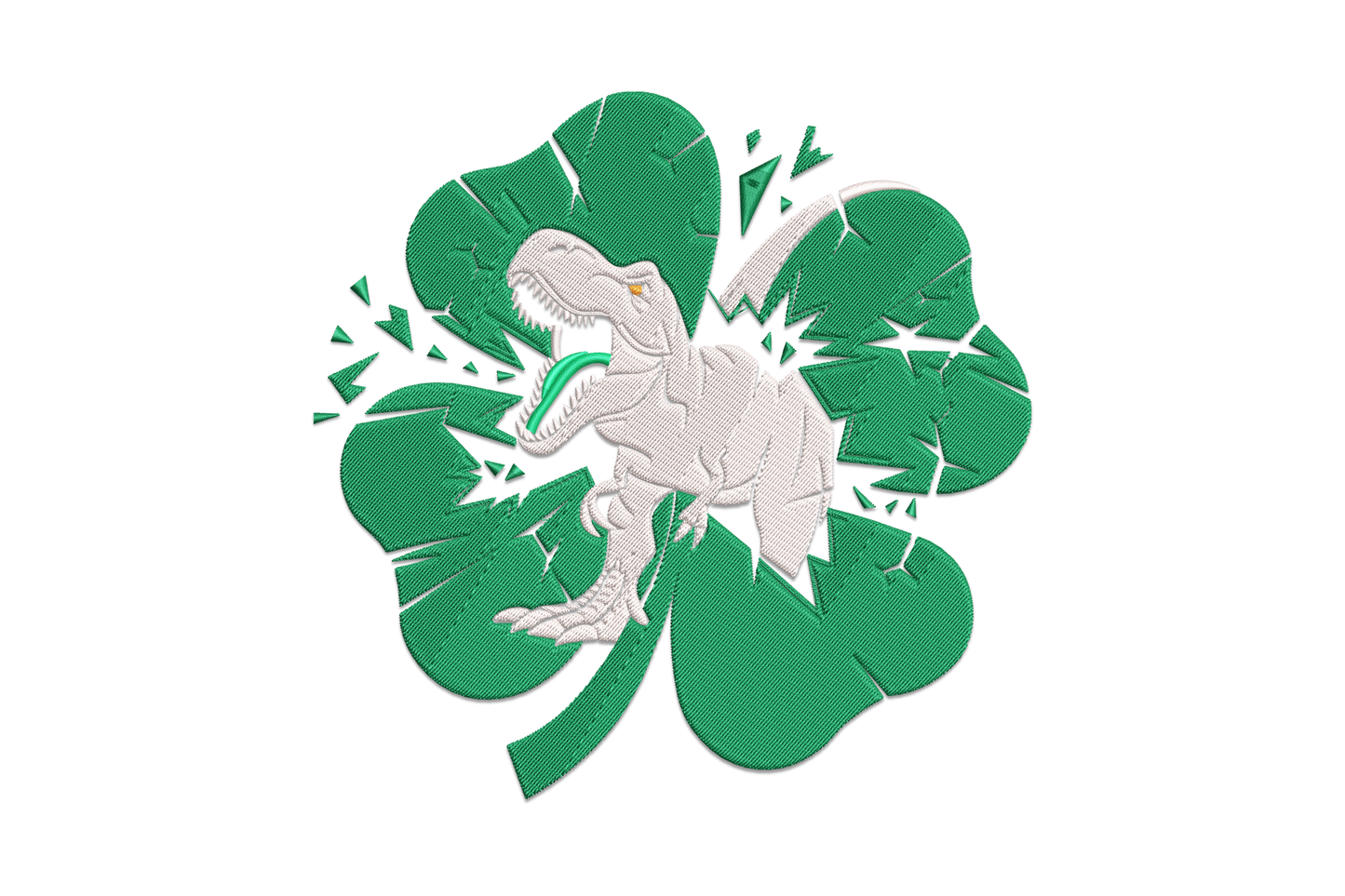 T-Rex dinosaur breaking through a shamrock St Patricks Day embroidery design, four-colour burst effect on white background