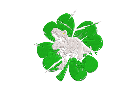 T-Rex shamrock embroidery design, cartoon dinosaur bursting through a three-leaf clover in kelly green, sage and black.