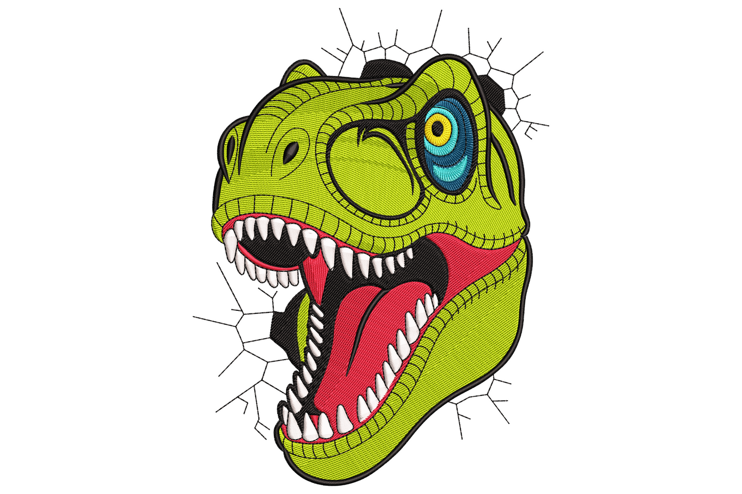 T-rex skull machine embroidery design, 7 colours, bone cream fill with black socket detail, on charcoal sweatshirt, 9 sizes.
