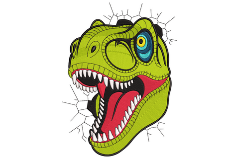 T-rex skull machine embroidery design, 7 colours, bone cream fill with black socket detail, on charcoal sweatshirt, 9 sizes.