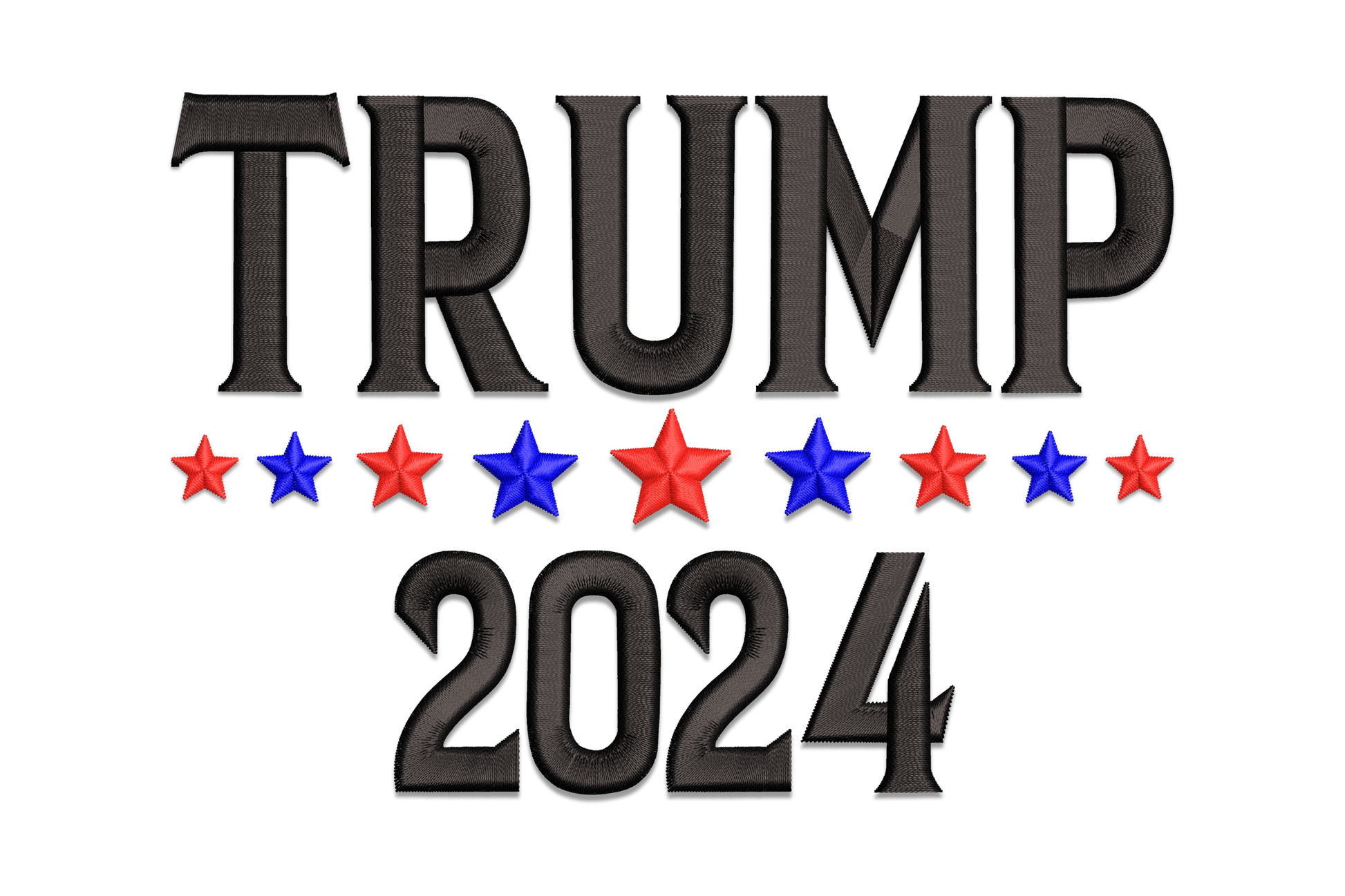 TRUMP 2024 embroidery design, bold block text in red white and navy, stacked layout, 5 sizes, patriotic Americana