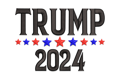 TRUMP 2024 embroidery design, bold block text in red white and navy, stacked layout, 5 sizes, patriotic Americana