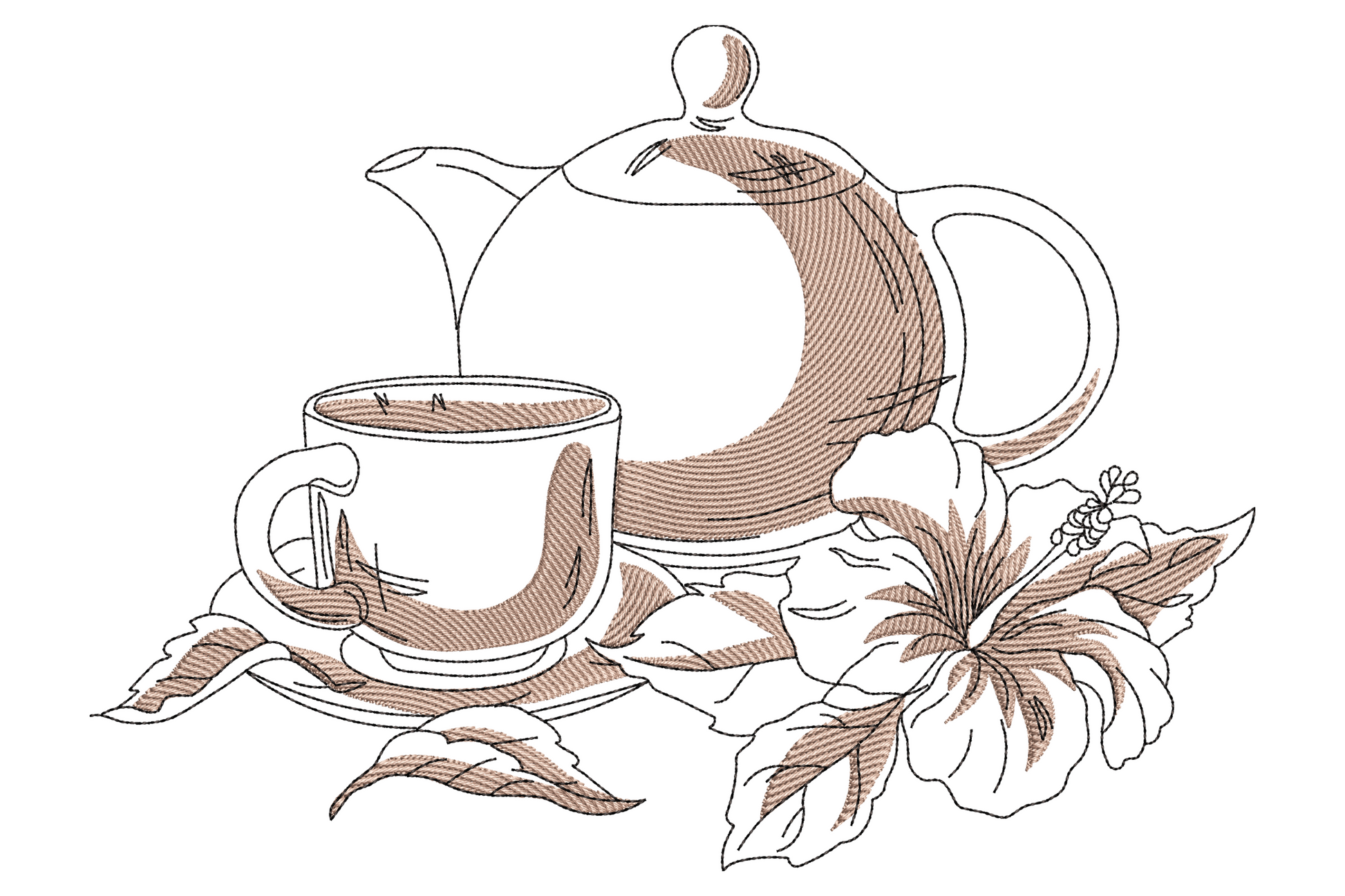 Tea pot and cup embroidery in warm taupe fill with black outline and hibiscus flower accent, two-colour still life design.