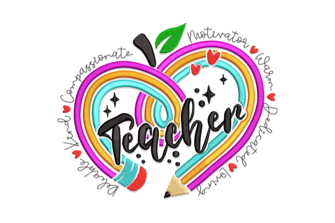 Teacher embroidery design, apple-heart in hot pink teal and gold arcs, pencil at base, bold black script Teacher inside.