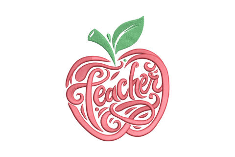 Teacher apple script embroidery, red apple silhouette formed from cursive Teacher lettering with green leaf and stem on top.