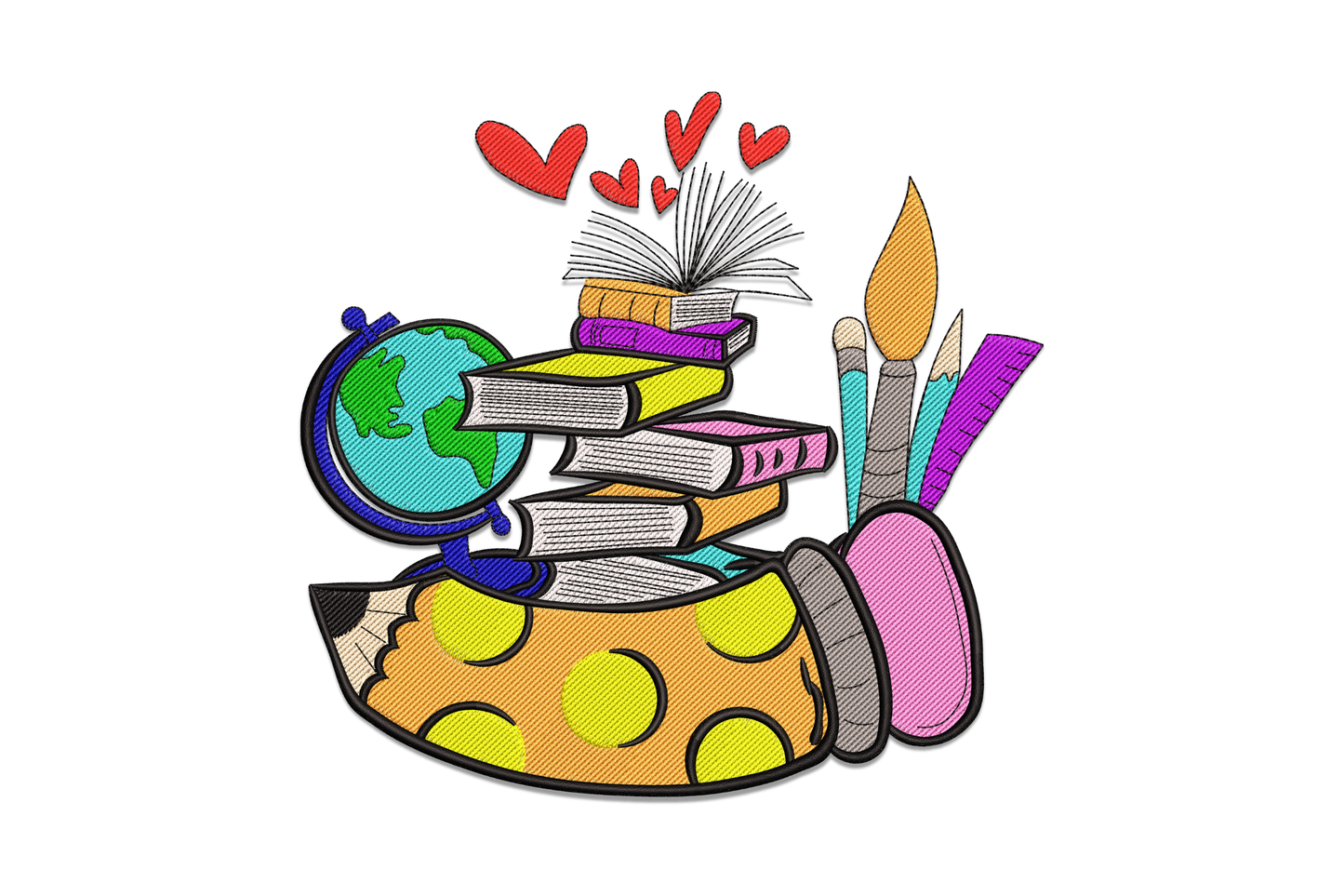 Teacher embroidery design with stacked colourful books on a yellow polka-dot pencil, blue globe, open book with red hearts, and paintbrushes in a pink case.