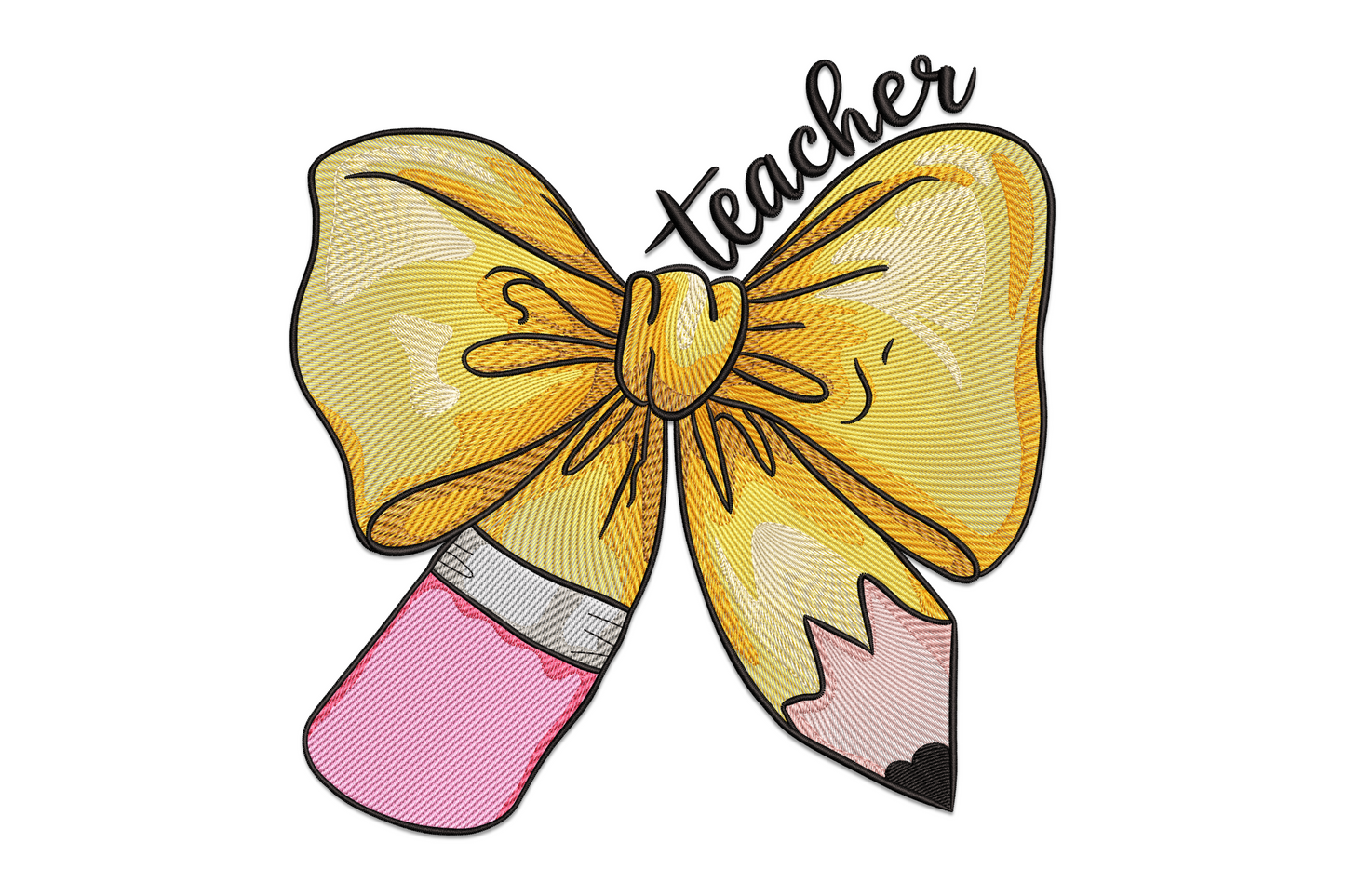 Teacher bow pencil machine embroidery design with yellow bow and script lettering on white background