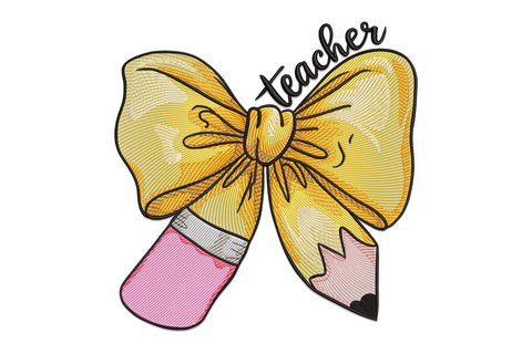 Teacher bow pencil machine embroidery design with yellow bow and script lettering on white background