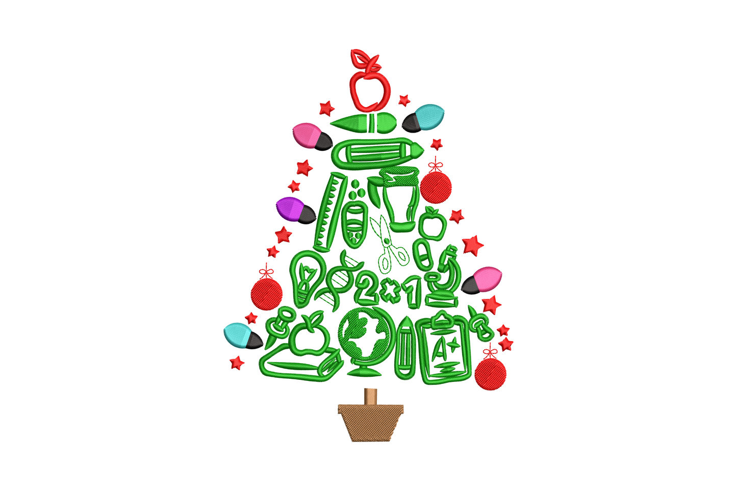 Christmas tree built from teacher supply icons including pencils, ruler, globe and apple embroidery, school holiday tree design