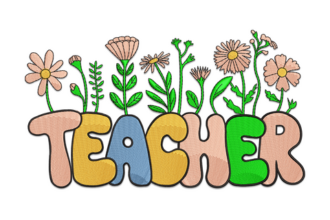 Teacher cursive script embroidery in navy with wildflower border in pink orange yellow and sage, floral lettering banner
