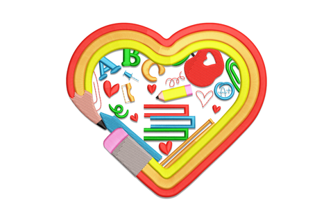 Teacher heart embroidery design with three concentric rainbow rings, a blue pencil crossing the lower corner, and school supplies packed inside the heart.