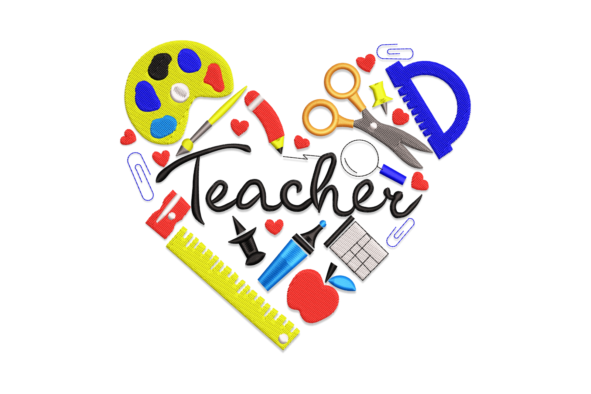 Teacher heart school supplies embroidery design with school supply icons forming a heart shape around cursive Teacher lettering, including scissors, ruler, paint palette, apple, and pencil with red accent hearts.