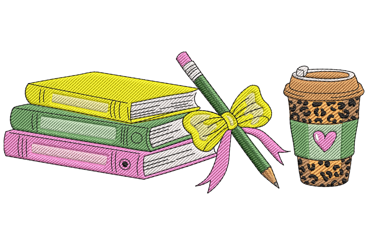 Teacher embroidery design stacked books pencil pink bow leopard coffee cup pastel watercolour fill