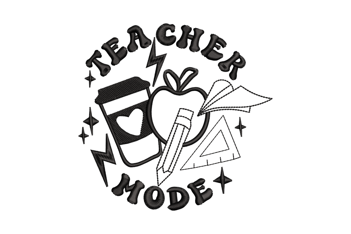Teacher Mode embroidery badge, bubble letters, coffee cup, apple, pencil, sparkle stars, single color black