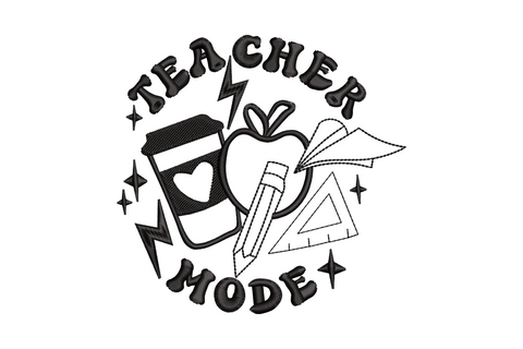 Teacher Mode embroidery badge, bubble letters, coffee cup, apple, pencil, sparkle stars, single color black