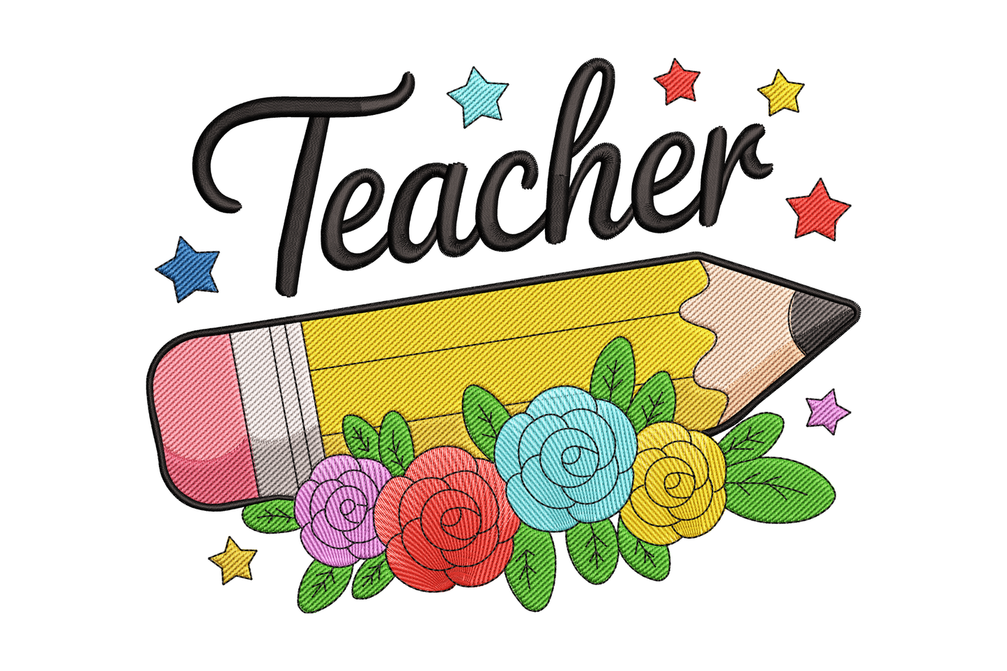 Embroidery design with 'Teacher' text, pencil, and flowers