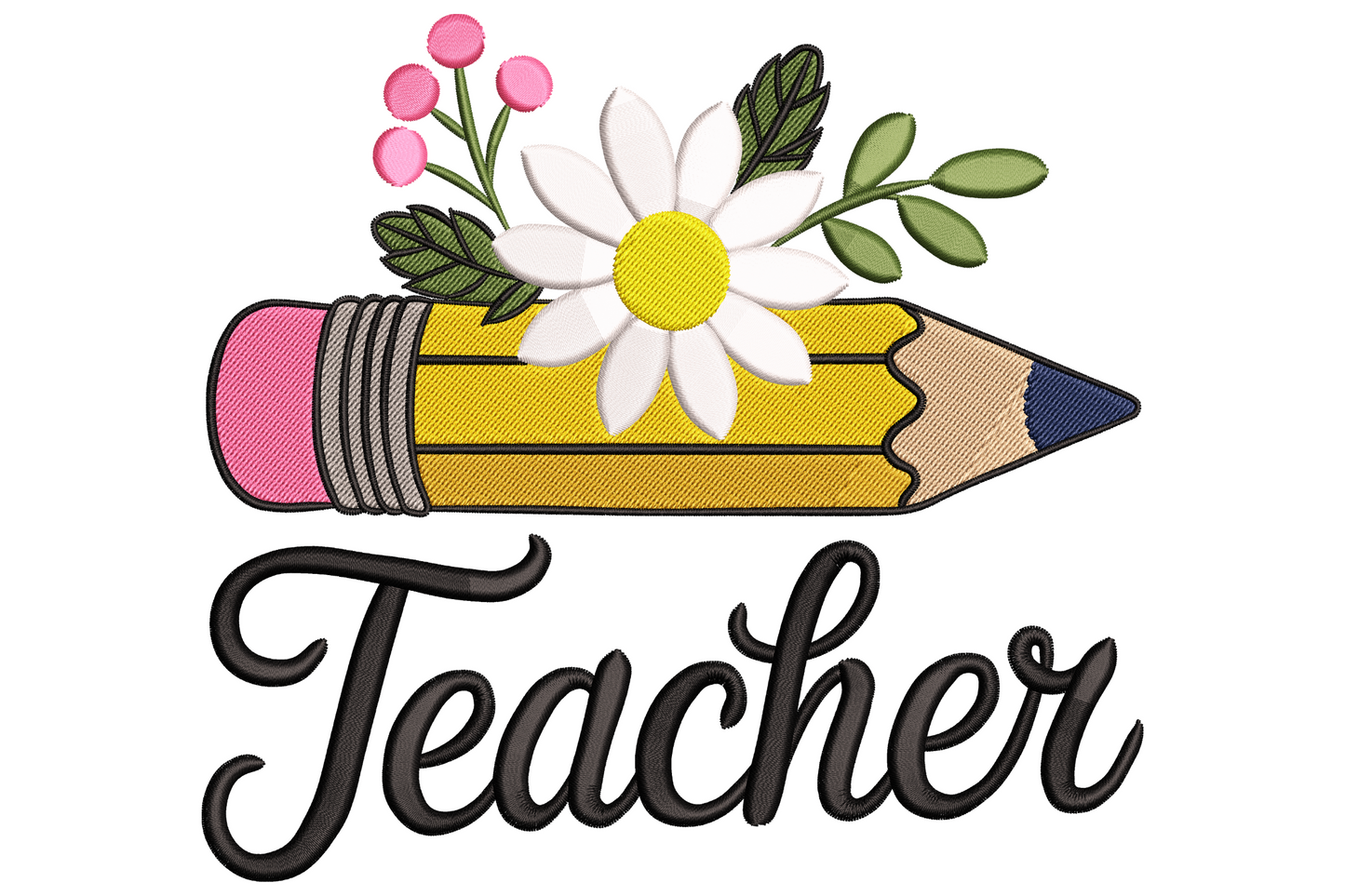 Teacher pencil embroidery with yellow pencil, daisy bouquet and Teacher in cursive script, 10 colours.