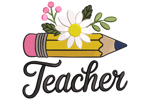 Teacher pencil embroidery with yellow pencil, daisy bouquet and Teacher in cursive script, 10 colours.