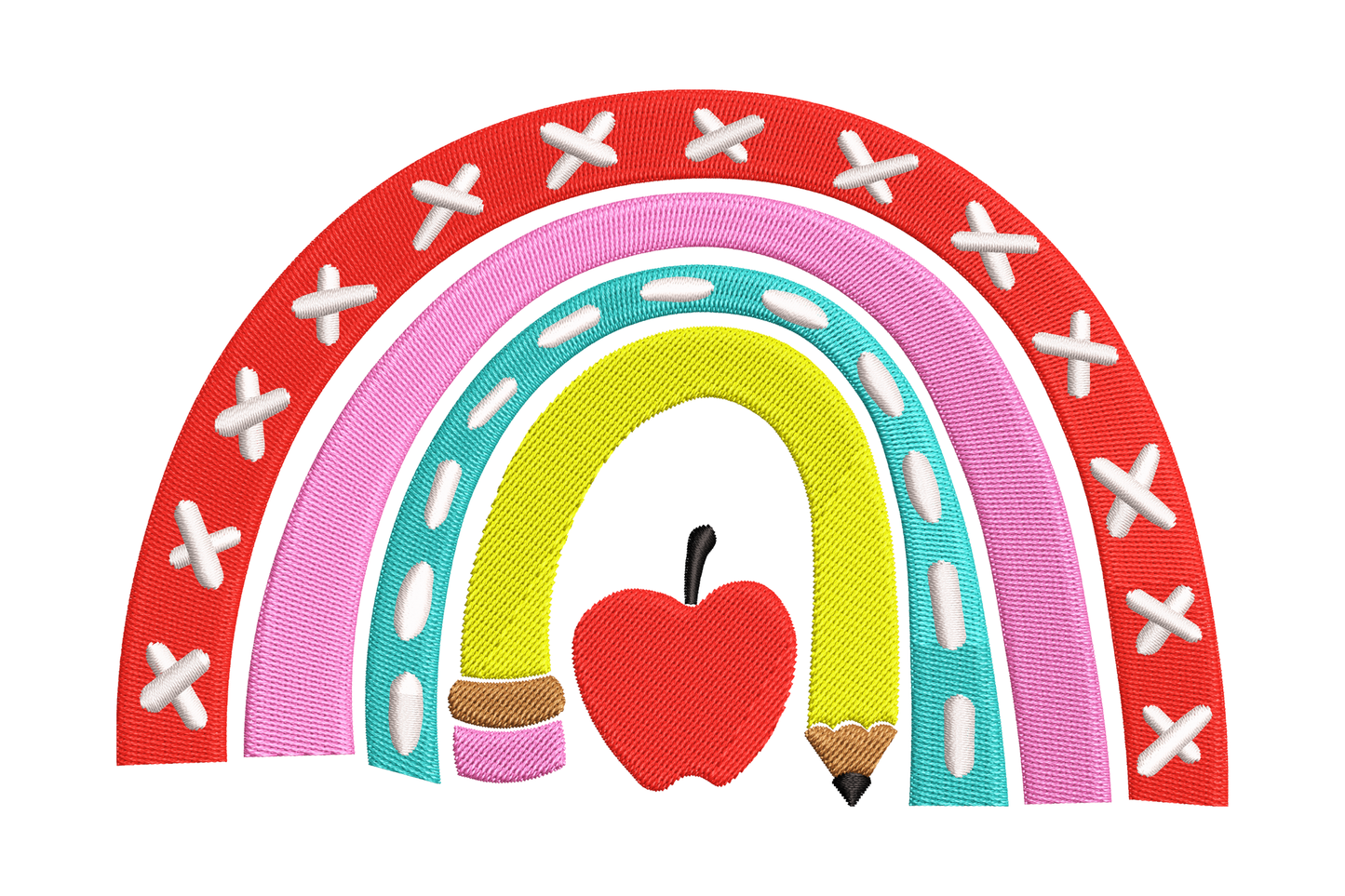 Teacher rainbow pencil apple embroidery design with colourful arched rainbow in red pink aqua yellow and red apple at base.