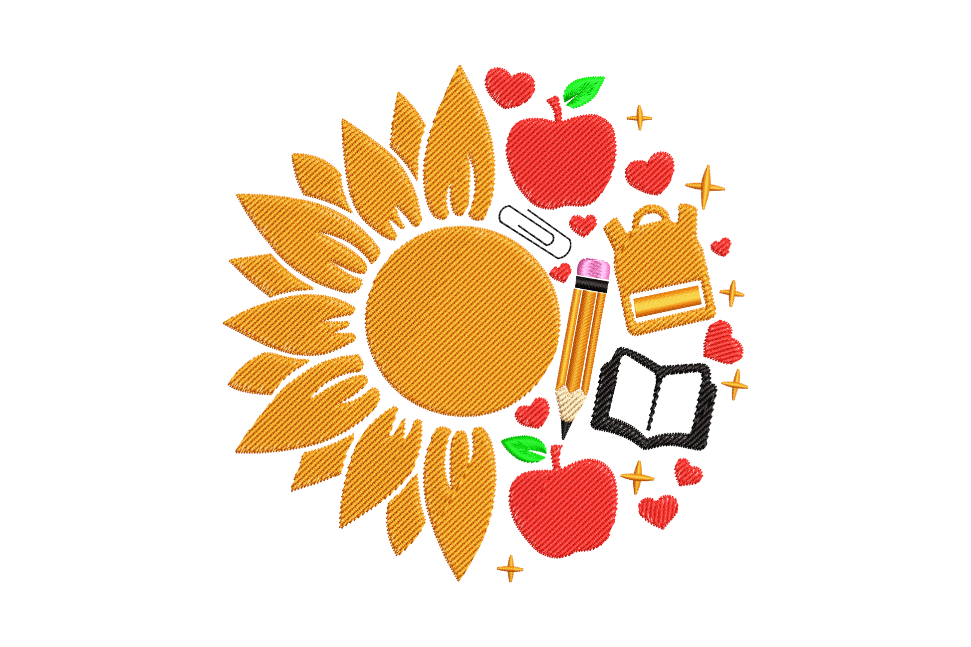 Teacher embroidery design with a large sunflower surrounded by school items including a red apple, pencil, open book, backpack and heart accents.