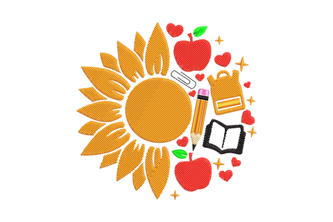 Teacher embroidery design with a large sunflower surrounded by school items including a red apple, pencil, open book, backpack and heart accents.