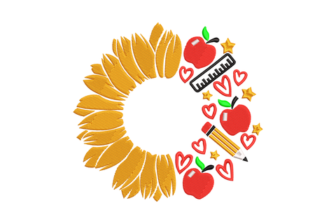 Teacher sunflower circle embroidery design with amber-gold half-sunflower wreath and school supplies including apples pencil and ruler.