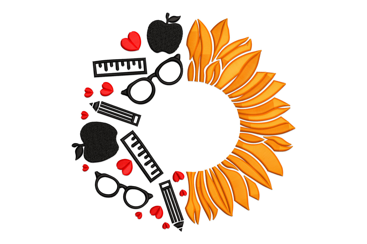 Teacher sunflower wreath embroidery with orange satin petals on the right half and black teacher icons, apples, glasses, rulers, pencils, with red hearts on the left half.