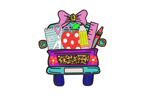 Teacher supplies truck embroidery showing rear of a pickup truck loaded with school supplies, leopard trim panel and pink bow on top.