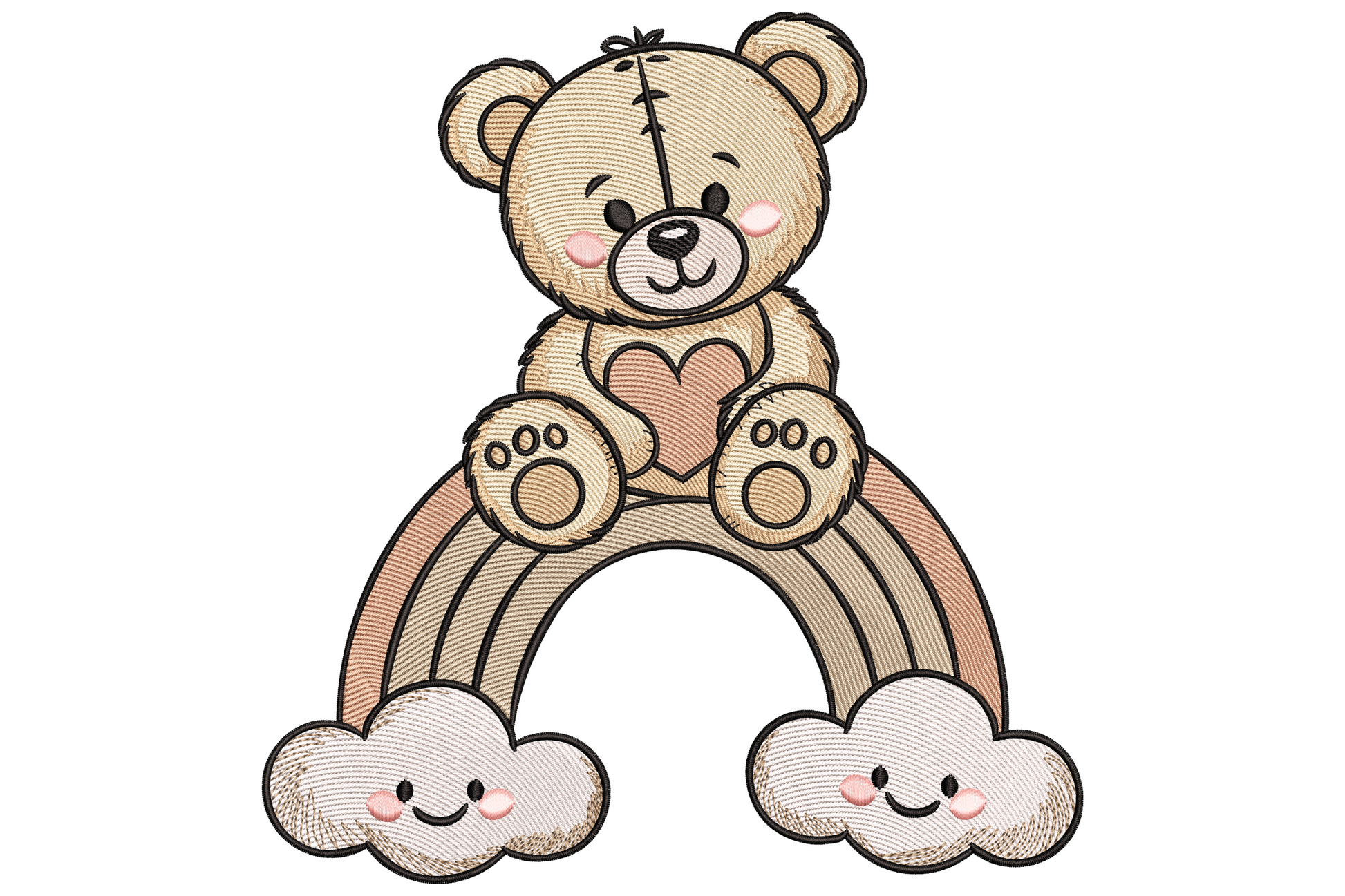 Teddy bear on rainbow embroidery design with honey brown bear seated on bright multi-coloured rainbow arc, 9-colour high-density plush style on white background.