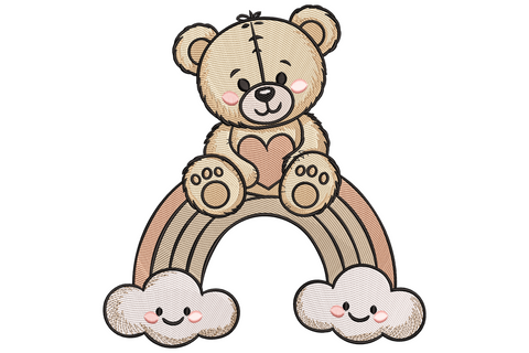 Teddy bear on rainbow embroidery design with honey brown bear seated on bright multi-coloured rainbow arc, 9-colour high-density plush style on white background.
