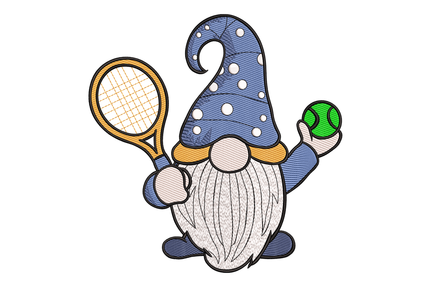 Tennis gnome embroidery design, round gnome with tall blue hat holding tennis racket and green ball, white beard and orange nose.