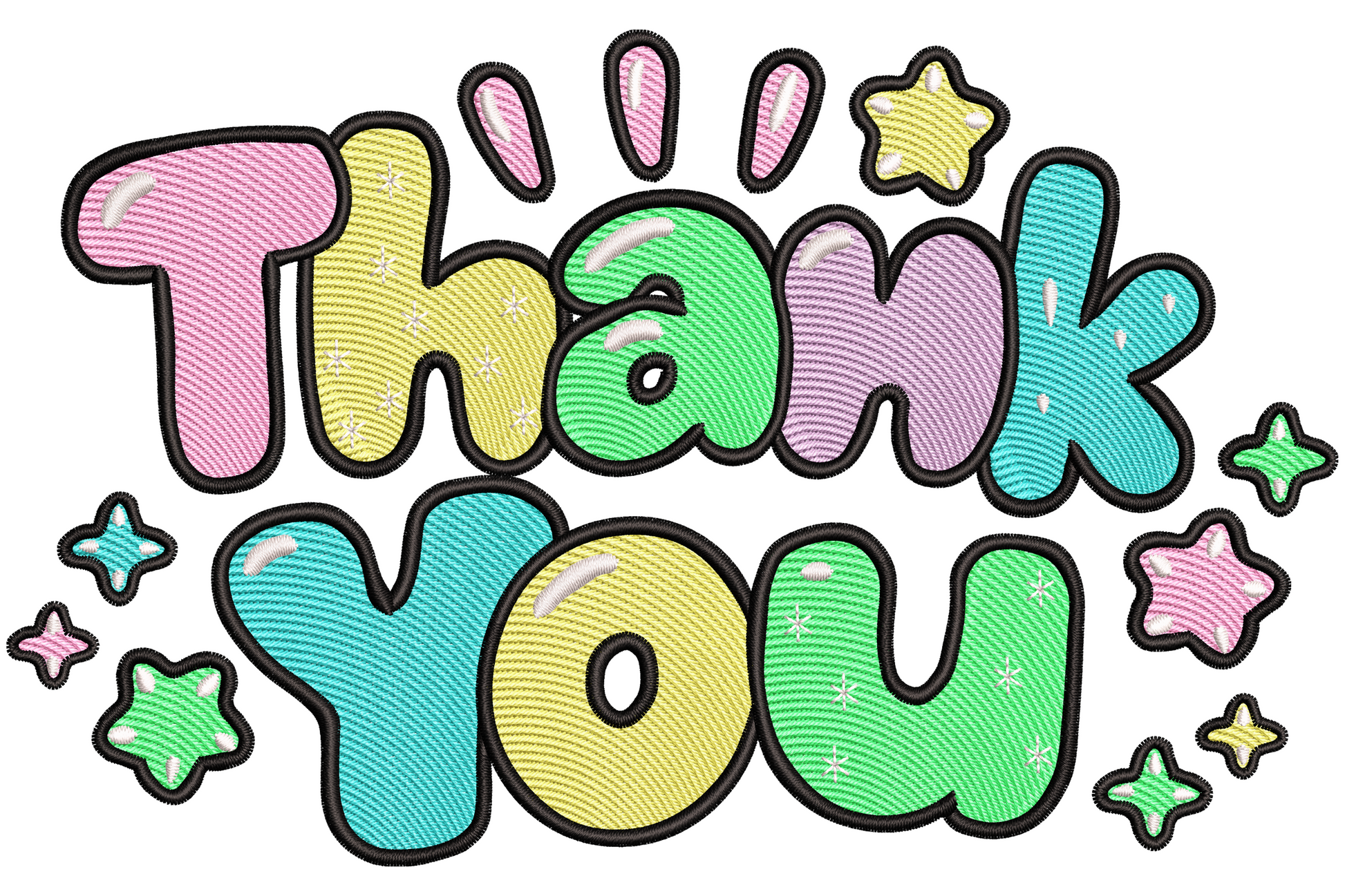 Thank you bubble text embroidery design with letters filled in pastel rainbow colours, pink mint lavender butter yellow sky blue peach, thin dark navy outline, two stacked lines.