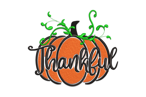 Thankful pumpkin embroidery design, burnt orange satin pumpkin with black calligraphy script and lime green curly vines.