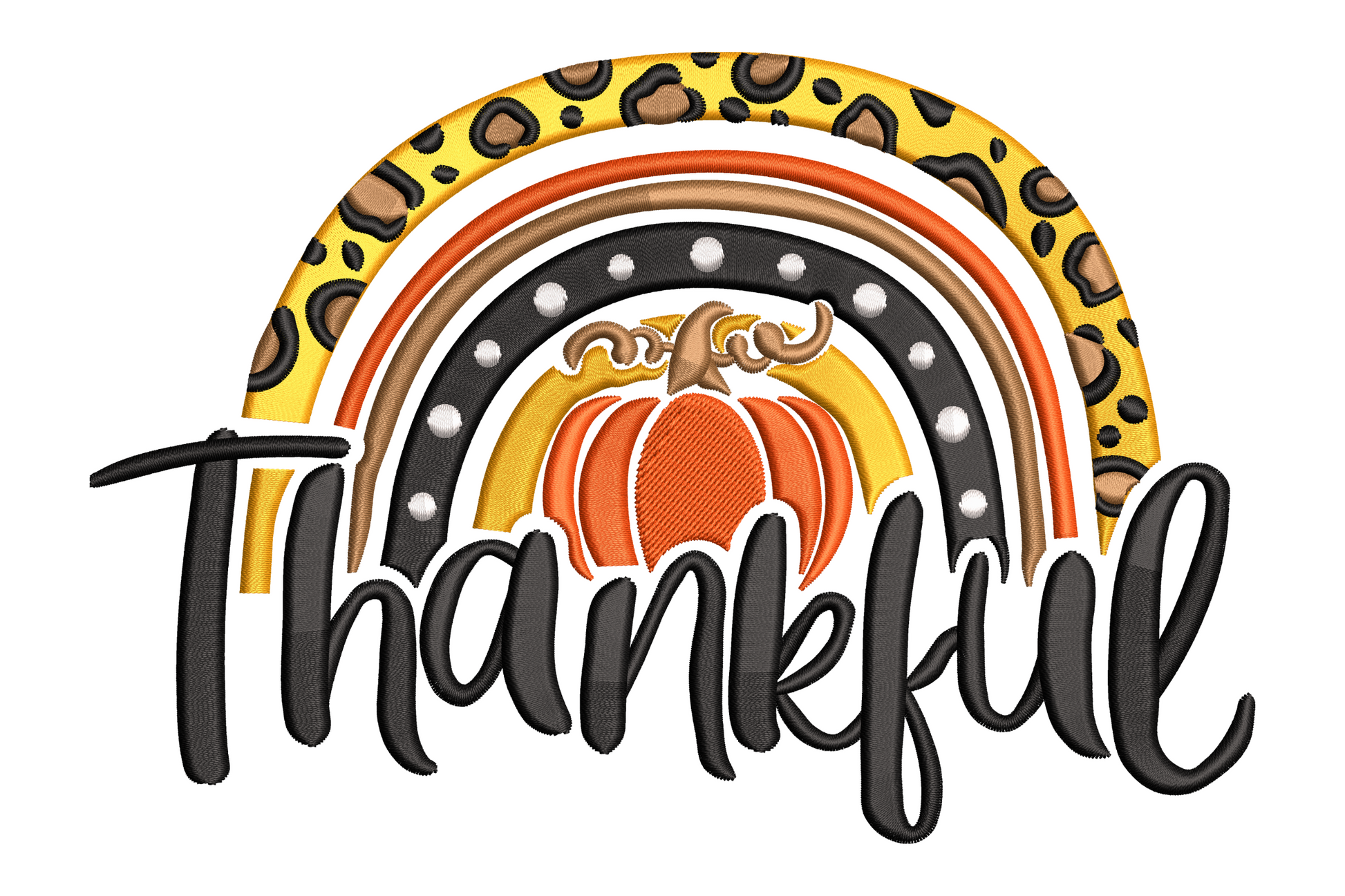 Thanksgiving embroidery with leopard print rainbow arches, pumpkin centre and bold Thankful brush script lettering