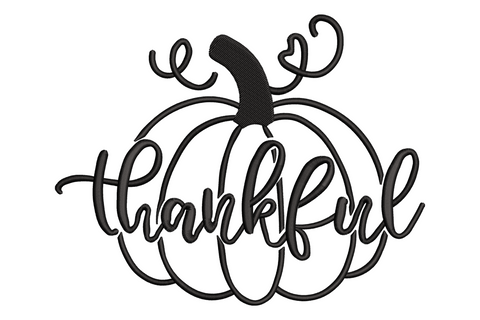 Thankful script lettering with a pumpkin illustration, single thread fall embroidery design for thanksgiving, shown on cream fabric background, 5 sizes from 2.76 to 5.9 inches wide
