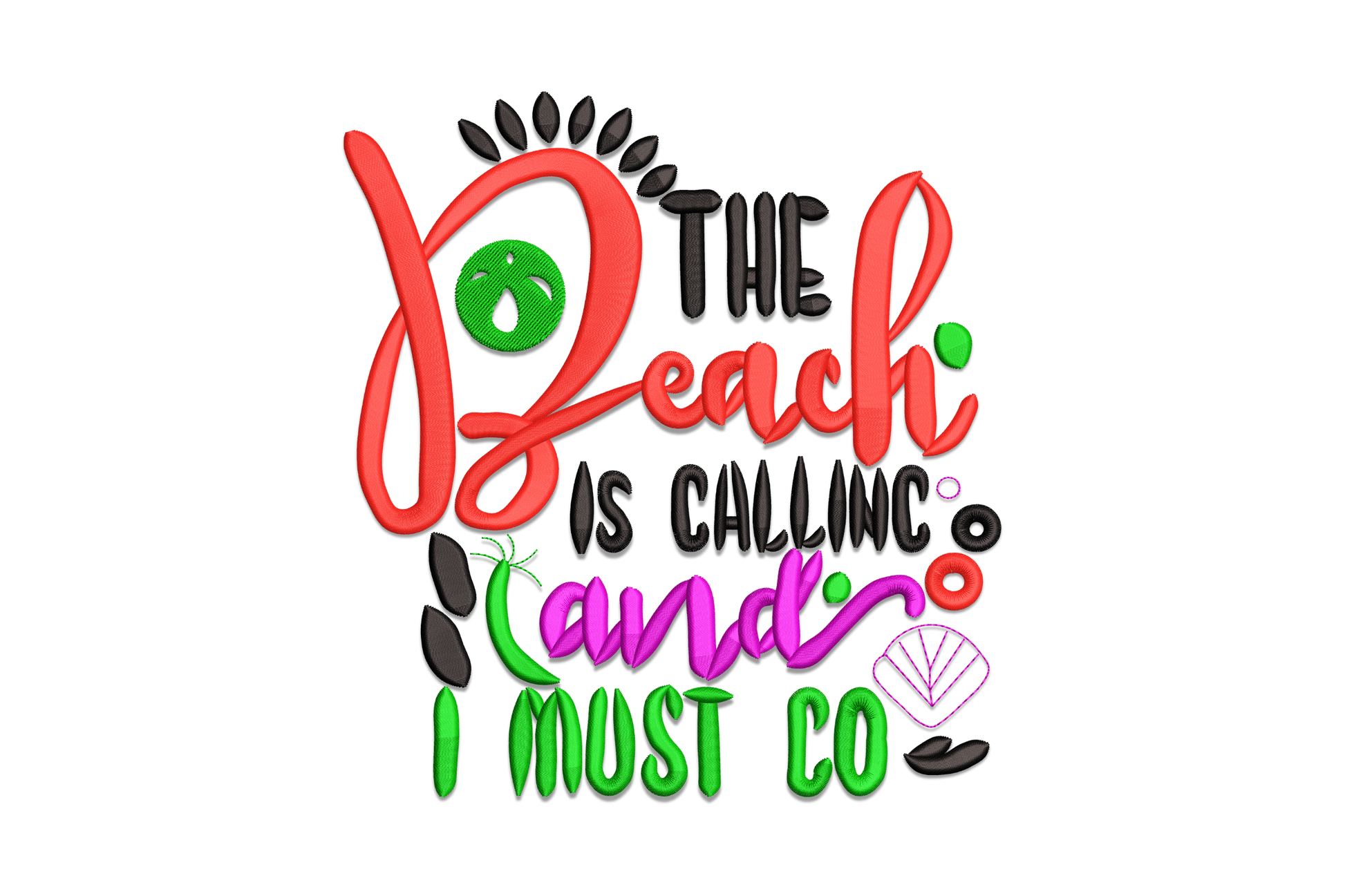 The Beach Is Calling And I Must Go stacked quote embroidery design with ocean wave accent, 4 thread colours, 5 sizes from 3.23 to 7.51 inches wide