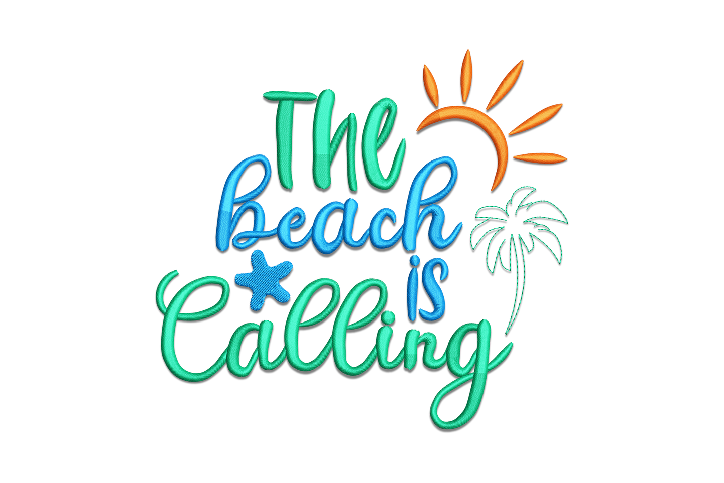 Embroidery design with casual hand-lettered script reading The Beach Is Calling with a small turquoise wave underline and shell accent, in sandy tan and soft turquoise thread