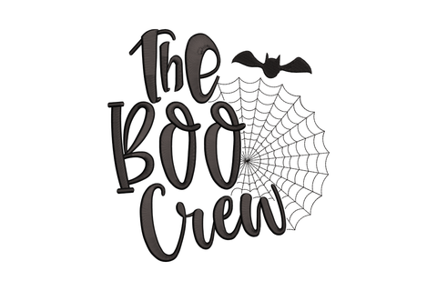 The Boo Crew script halloween embroidery with stacked cursive lettering, radial spider web and a bat in black thread.