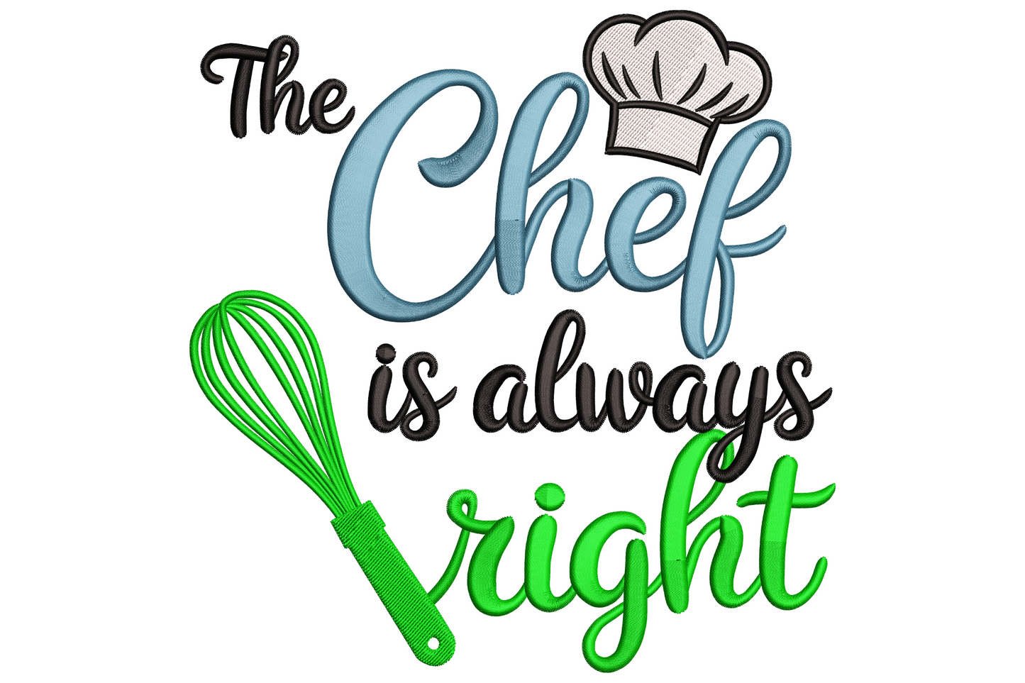 Bold chef quote embroidery with toque hat, black and red block lettering in classic restaurant-sign style.
