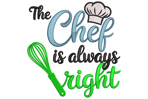 Bold chef quote embroidery with toque hat, black and red block lettering in classic restaurant-sign style.