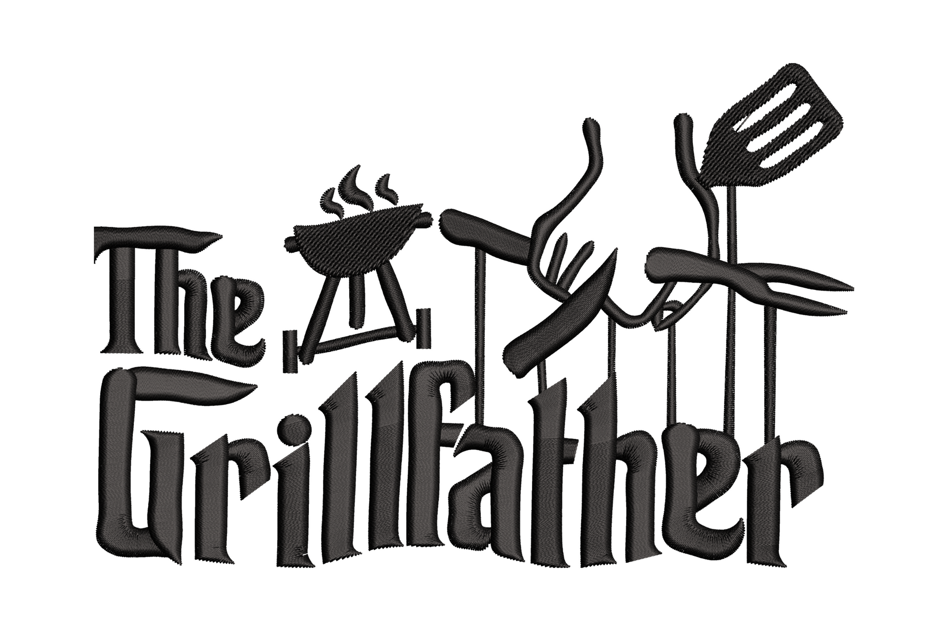 The Grillfather BBQ typography embroidery design with flowing script and crimson rose stem motif on navy polo fabric.