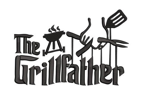 The Grillfather BBQ typography embroidery design with flowing script and crimson rose stem motif on navy polo fabric.