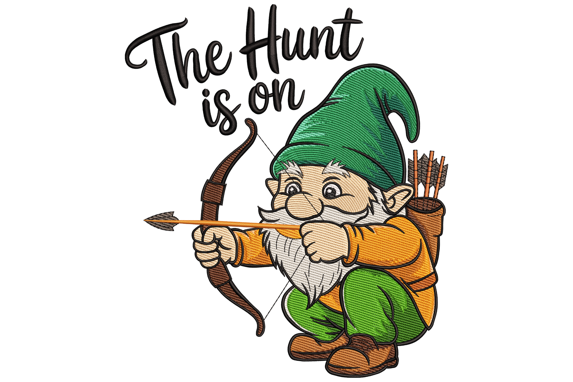 Hunting gnome embroidery design with gnome in camo hat holding rifle, cream beard, the hunt is on lettering, 18 colours on white or khaki ground.