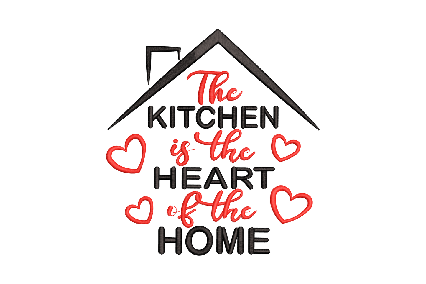 Kitchen embroidery with house outline and quote in black and red, hearts at the corners of the text block