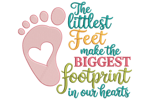 Littlest feet baby footprint embroidery, soft pink foot with heart cutout and multi-colour script quote in teal and mustard.